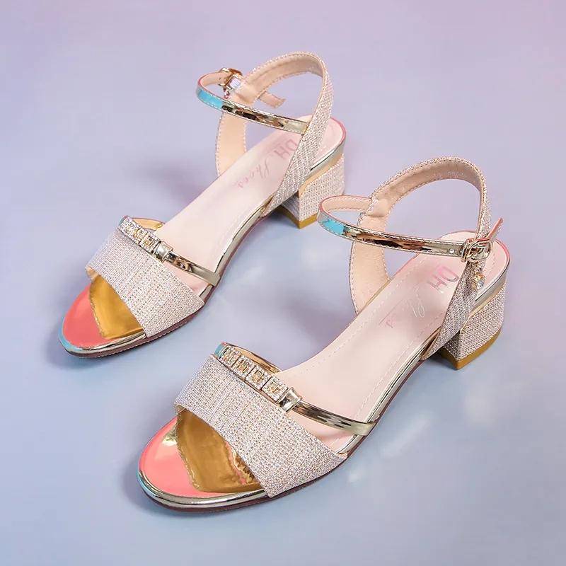 Женские летние сандалии с открытым носком и пряжкой со стразами, сандалии на танкетке и платформе на толстом каблуке, корейские сексуальные универсальные сандалии на среднем каблуке с тонким ремешком