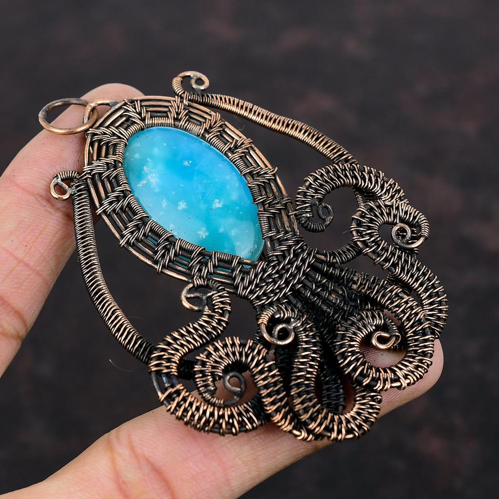 Смитсонитовый медный кулон, медная проволока, обернутая кулоном, ювелирные изделия из драгоценных камней, кулон в виде осьминога, кулон ручной работы, медная проволока, ювелирное изделие, подарок для женщин