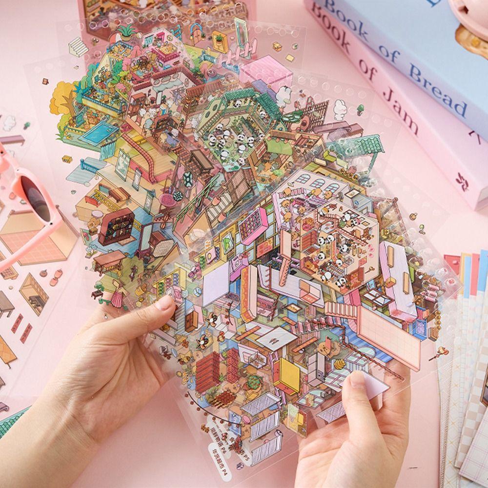 3D Стикеры-сценки из хижины Книжка Визуальное наслоение Мультяшные сценки Коллекция стикеров DIY Игрушка-сценка из хижины Игровые стикеры