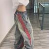 Women's Summer Retro Striped Patchwork High-Waist Wide-Leg Jeans