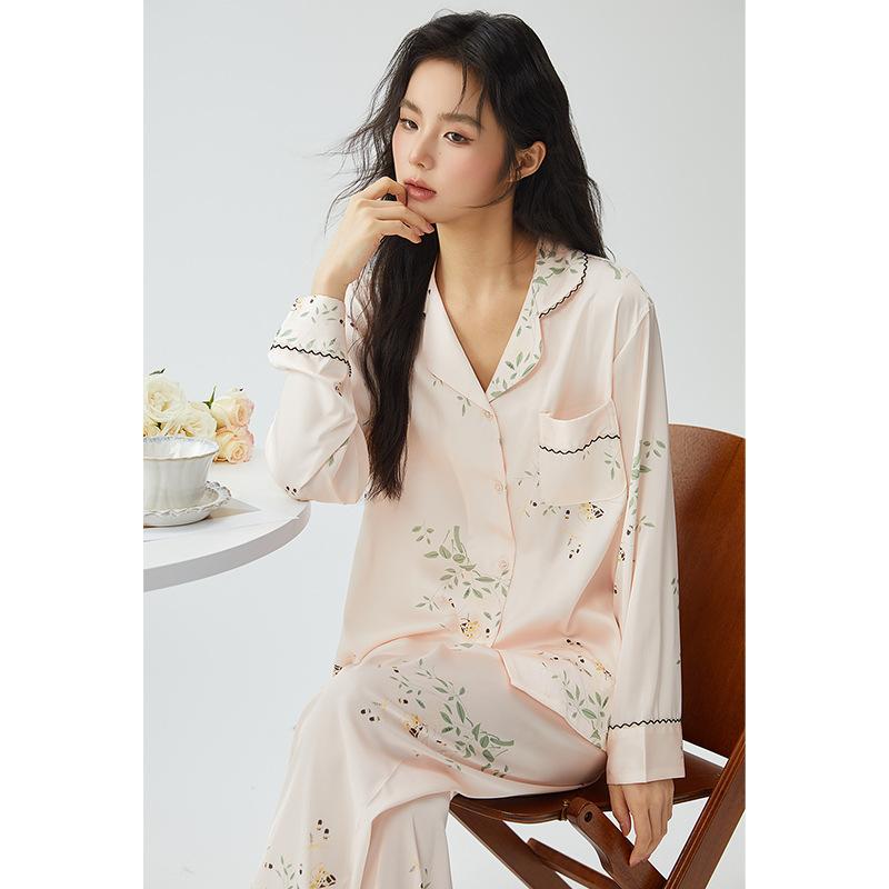 Pajamas women's new ice silk spring black wavy edge loungewear in spring 11, women's outer wear can be one piece in summer