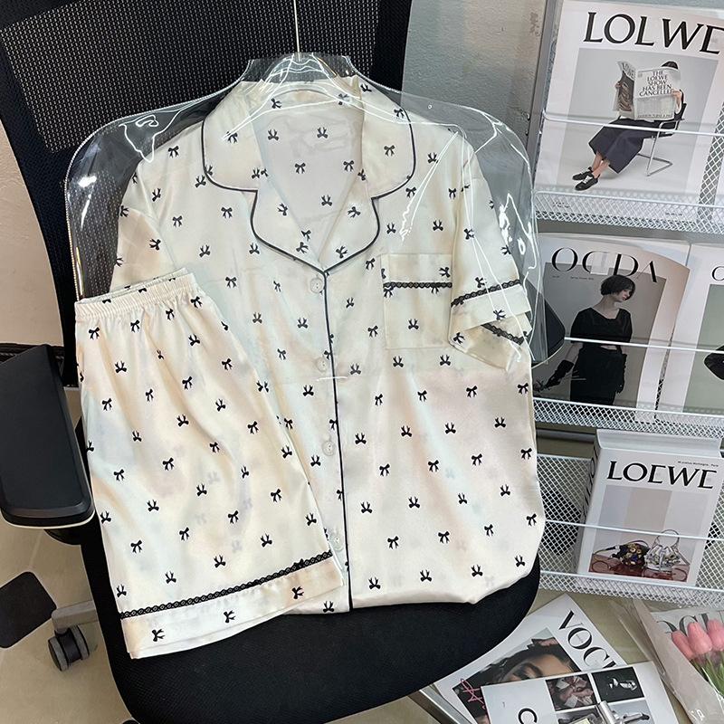 Solid Color Ice Silk Pajamas Women'S Summer Thin Foreign Style High-Value Short-Sleeved Loungewear Two-Piece Set Can Be Worn Outside