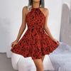 Women's Spring Summer Leopard Pattern Ruffle Edge Large Swing Halter Neck Dress
