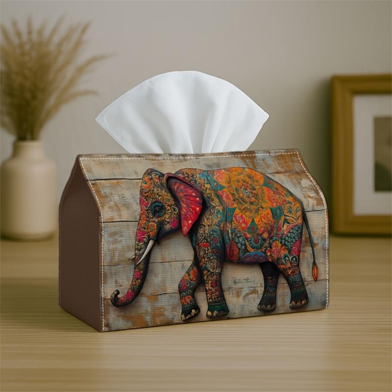 1pc 2D Flat Printing Bohemian Floral Elephant Tissue Box-Rustic Wooden Colorful Art, Durable Napkin Organizer for Car, Kitchen, Dining, Home Decor-Dec