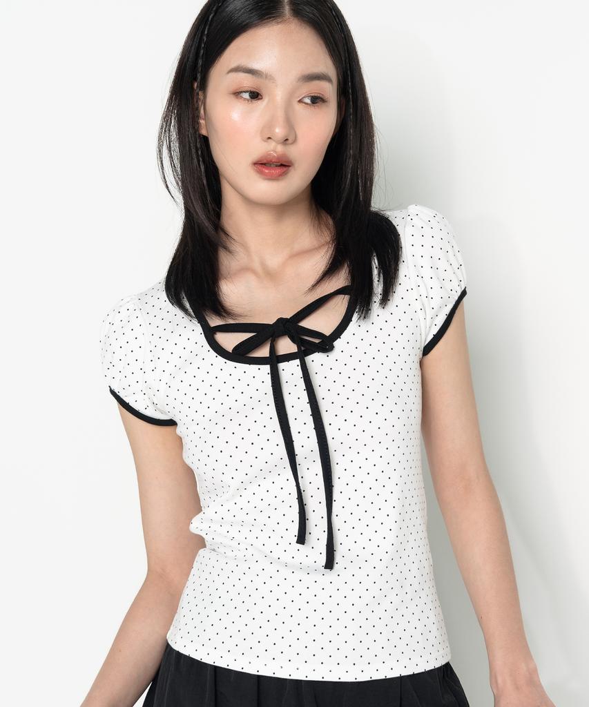 HIGH SCHOOL DISCO Puff Sleeve Dot Ribbon Short Sleeve T-Shirt White
