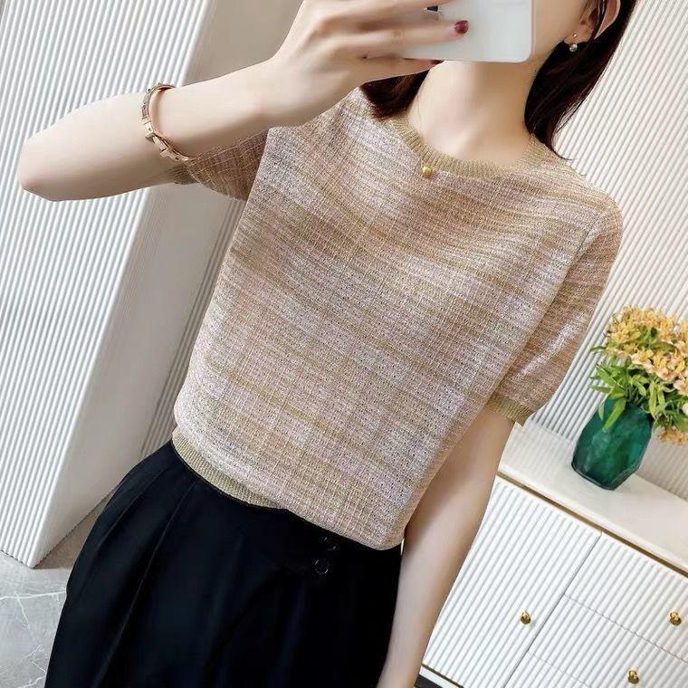 Полосатая футболка из ледяного шелка с коротким рукавом и круглым вырезом, летняя универсальная футболка с коротким рукавом, модный топ