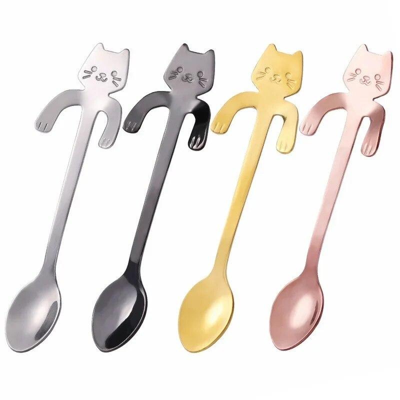 1/2pcs Cute Cat Shape Stainless Steel Teaspoon Set In Silver and Gold - Perfect for Coffee, Tea, and Desserts
