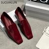 Fashion SUOJIALUN 2025 Spring New Brand Women Flat Shoes Fashion Square Toe Slip On Ladies Elegant Red Boat Shoes Soft Flat Heel Loafers