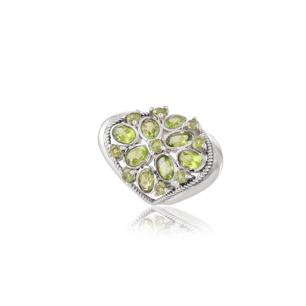 Sterling Silver Multi Stone Peridot Ring - Cluster Green Gemstone Statement Ring with Rope Border - August Birthstone Jewelry for Women