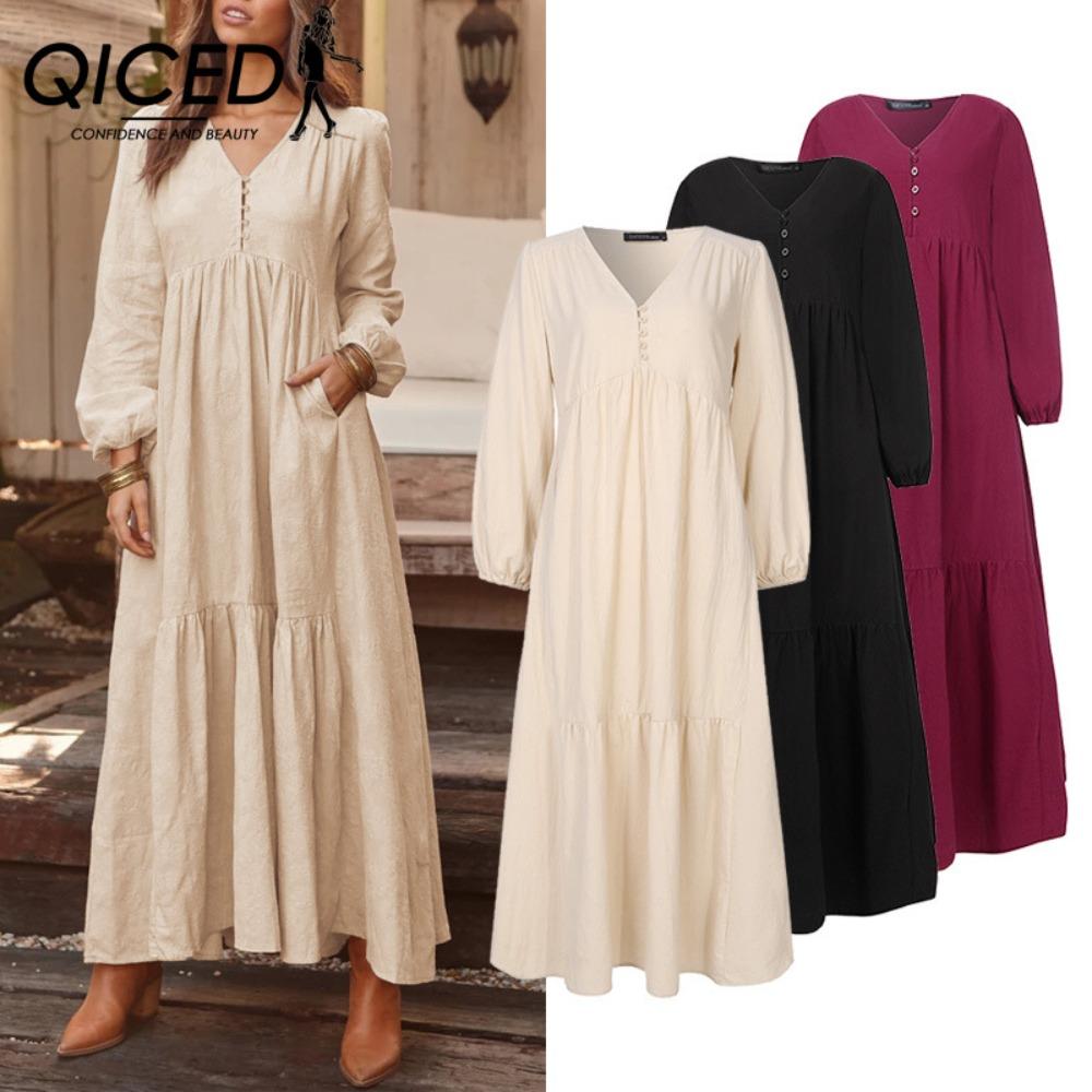 QICED Women's Cotton Maxi Dress Long Sleeve Ruffle Pocket