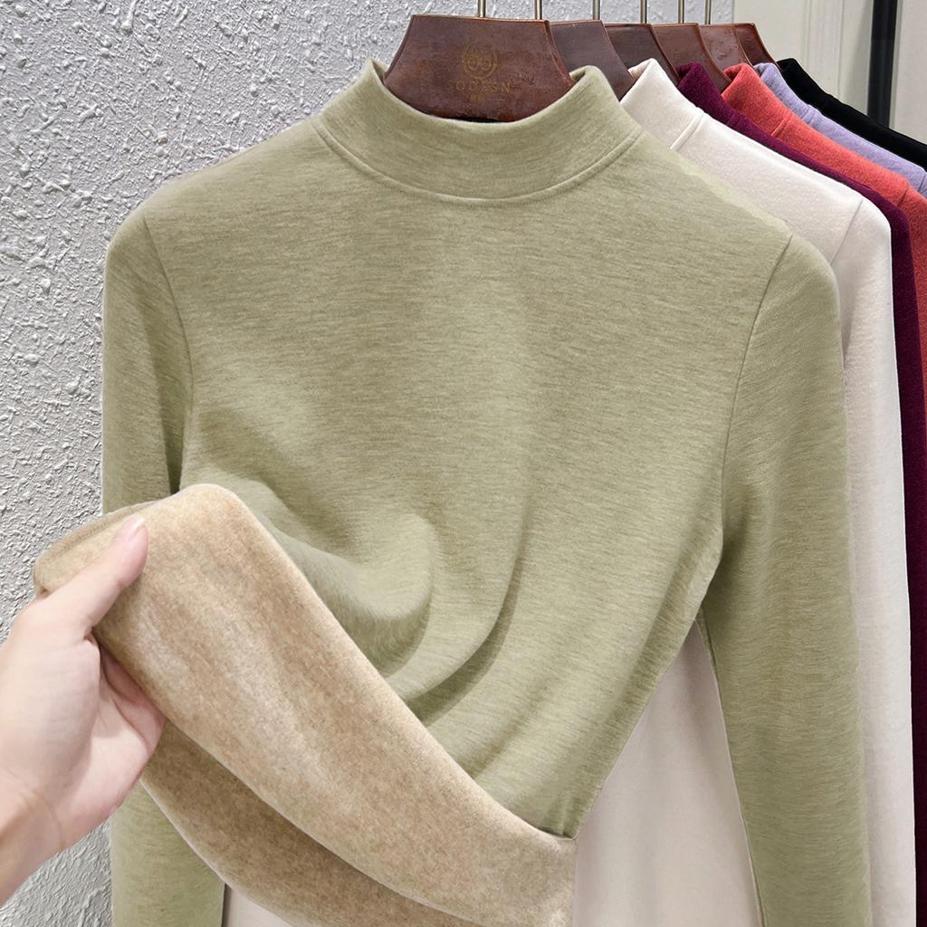 Autumn and Winter Women's Clothing Containing Wool and Silk Bottoming Shirt Women's Inner Heating Fleece Warm Turtleneck Top with Fleece and Thicker