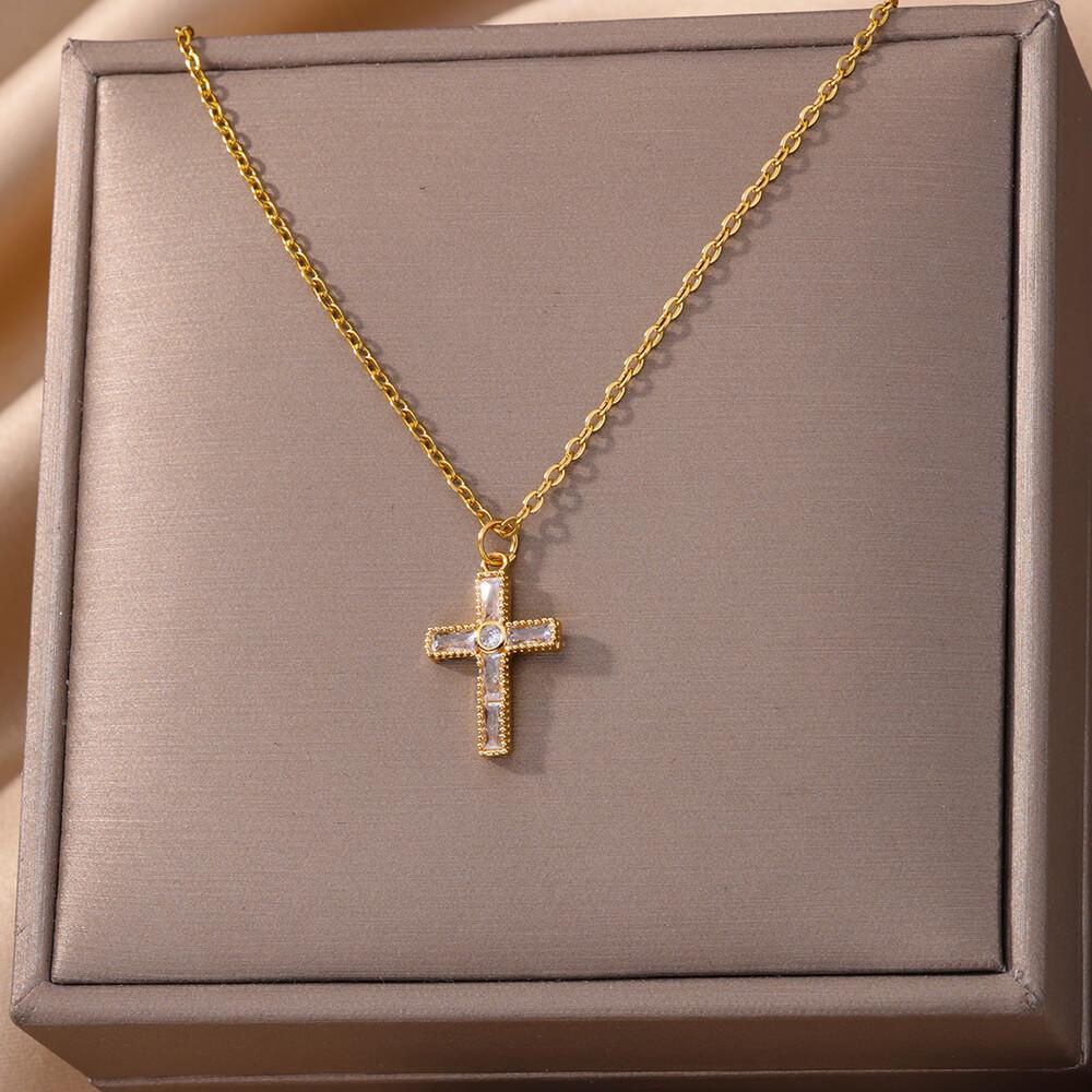 316L Stainless Steel Zircon Jesus Cross Pendant Necklaces For Women Hip Hop Gold Color Cross Necklace Party Jewelry Gift