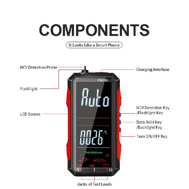 Digital Multimeter 4.8'' Full Color LCD 6000 Counts Auto-ranging Multimeter with Rechargeable Battery for Electronics Testing