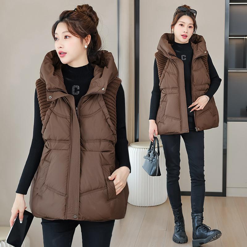 A-word Vest Down Cotton Padded Jackets Short Waistcoat Mid-Length Slim Hooded Autumn Winter Jackets Solid Women's Coats