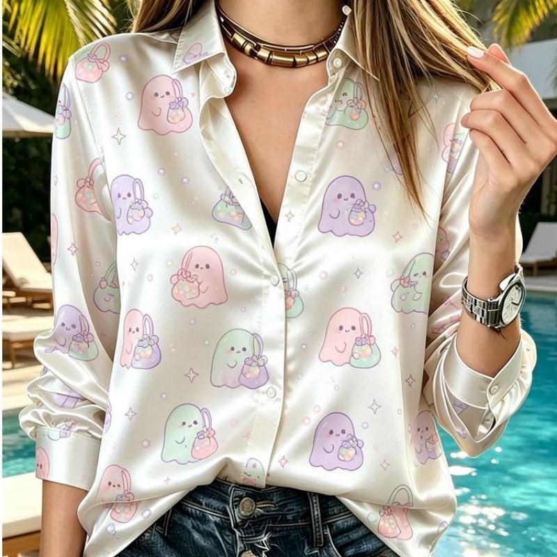 Women Satin Cute Cartoon Ghost Print Shirt Long Sleeve Lapel Button Down Blouse Halloween Vacation Casual Ladies Multi Color Top