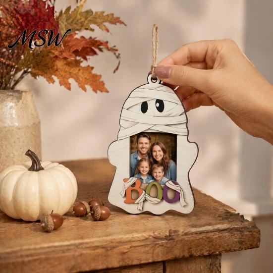 Halloween Keepsake Frame Cute Ghost Wooden Photo with Hanging Rope, Creative Durable Slot Picture for Holiday Party Decor And Home Wall Decoration