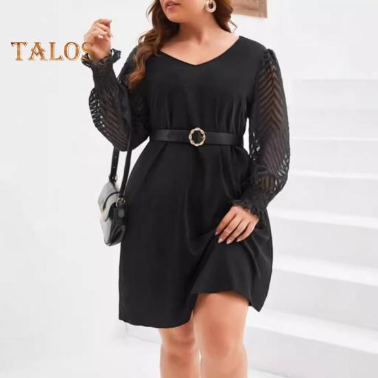 Платье больших размеров с V-образным вырезом, кружевной отделкой, расклешенным длинным рукавом, мини-платьем с высокой талией, однотонное повседневное мини-платье