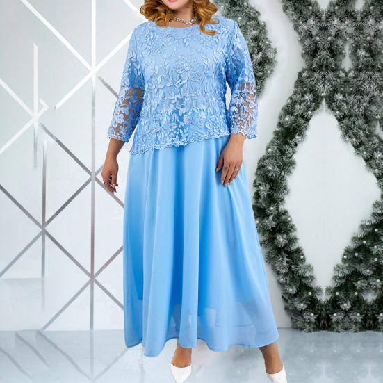 Женское платье с цветочной вышивкой, прозрачное кружево с рукавом три четверти и круглым вырезом, поддельное свободное однотонное платье из двух частей, элегантное платье макси больших размеров