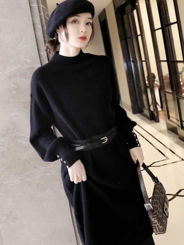 Вязаное платье женское осенне-зимнее рукава-фонарики темперамент светская львица новинка пояс на талии полувысокое горло свитер длинное платье