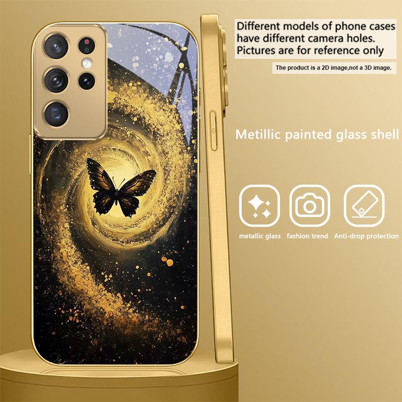 Vortex Black Butterfly For Samsung Galaxy S20 FE S21 S22 S23 Plus S24 Ultra S25Ultra S21+ S9+ S22Plus Golden glass phone case