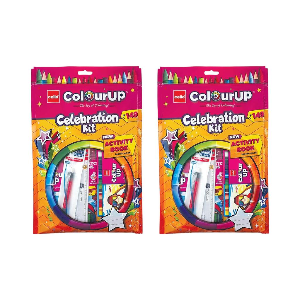 Cello ColourUp Celebration Kit Gift Pack with 10 Wax Crayons, 12 Oil Pastels, 15 Mini Sketch Pens & Activity Book for Kids, Pack of 2