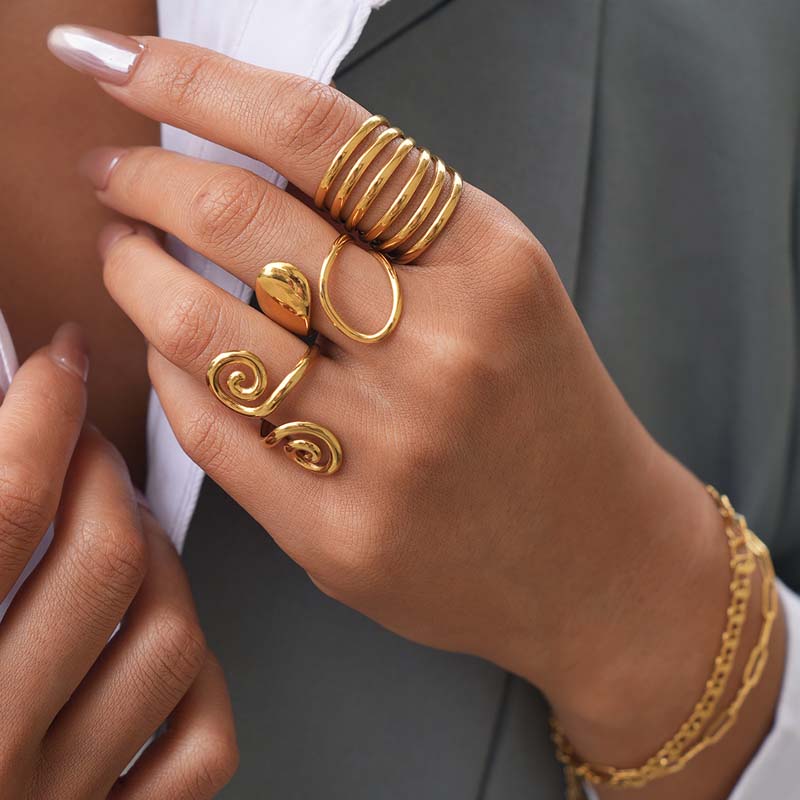 Metal Hollow Geometric Open Rings For Women Stainless Steel Gold Lines Spiral Adjustable Finger Ring Jewelry