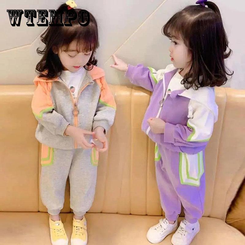 Girls' Suits Spring and Autumn Girls' Baby Sports Suits Children's Hooded Two-piece Casual Suits Loose Stitching Sets