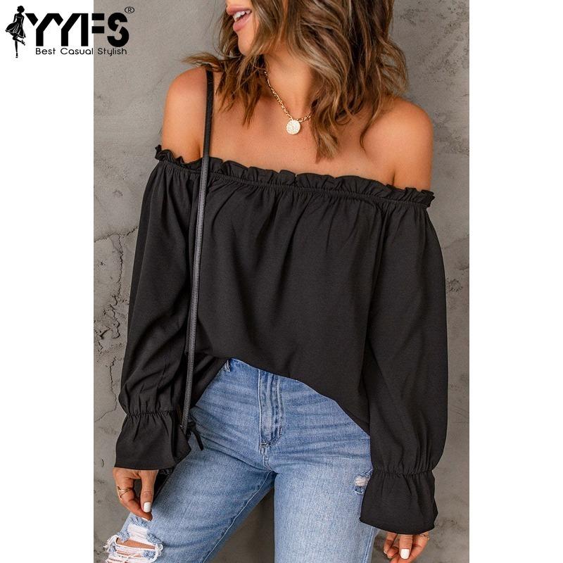 YYFS Women's Fashion Casual Spring Fall Solid Color Print Long Sleeve One Shoulder Blouses & Shirts