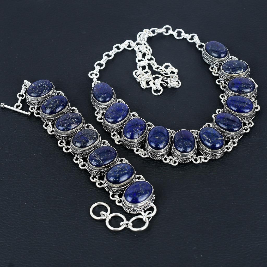 Blue Sapphire Gemstone Handmade 925 Sterling Silver Jewelry Neclace Bracelet Set, Antique Jewelry Set, Wedding Gifts Bracelet For Easter Gift
