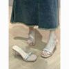 Crystal thick heel sandals women's new summer rhinestone transparent word with high heels sexy cool slippers