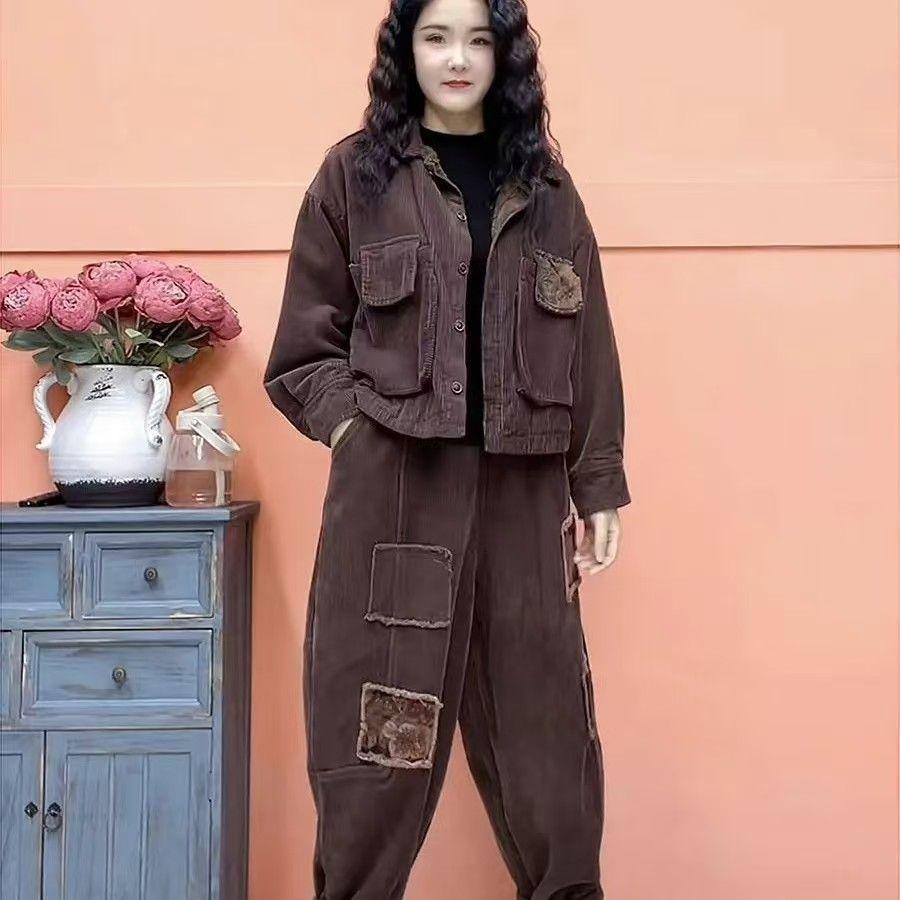 Plus Velvet Thickened Casual Suit Women's Autumn and Winter Fashion Super Thick Warm Short Jacket Harem Pants Two-piece Suit