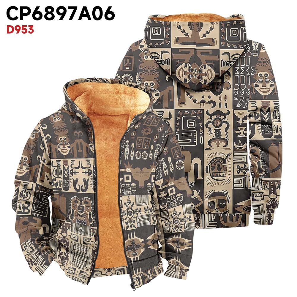 Men's Print Long Sleeve Pocket Coat Fashion Plus Velvet Overcoat