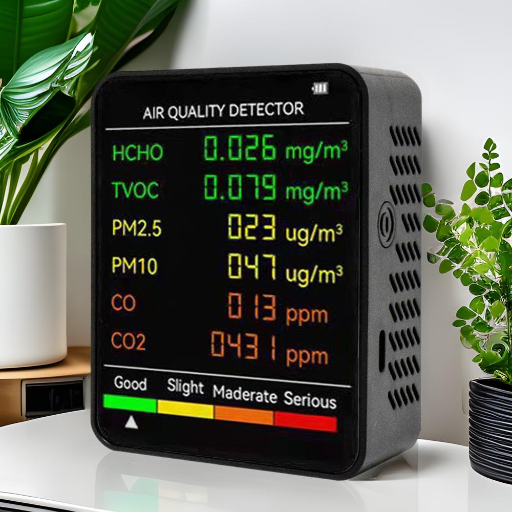 6-in-1 Air Quality Monitor: Formaldehyde, PM2.5, CO2, and TVOC Detection