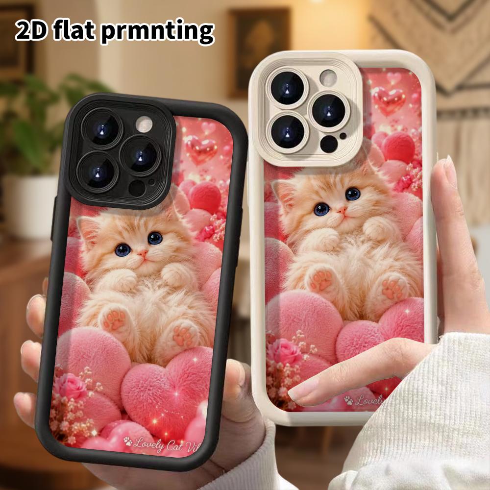 Phone case: 2D flat design suitable for iPhone 18 17 16 15 14 13 Pro tiered protective case, light orange kitten, Christmas and Halloween gift
