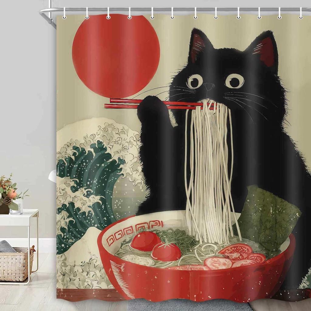 Funny Japanese Cat Shower Curtain Vintage Fun Cool Cute Black Cat Art Shower Curtain Asian Japan Sunset Anime Ocean Wave Unique