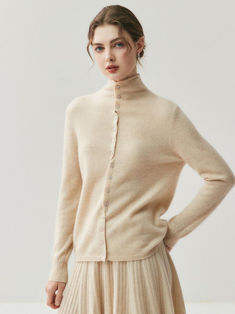 Women's Rolled Hem Cashmere Cardigan - Autumn/Winter Arrival; Soft, Versatile Single-Breasted Turtleneck with Multi-Button Long Sleeves