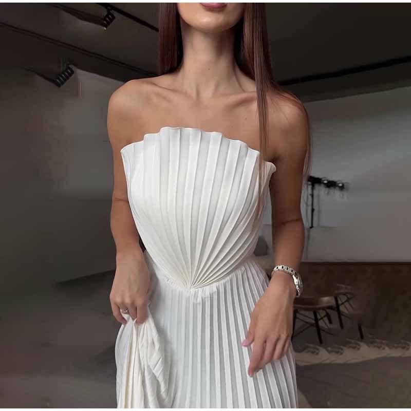 Women's White Strapless Backless Slit Dress with Irregular Pleats and Waist Cinching Design Versatile and Elegant Women's Dress for Daily Wear
