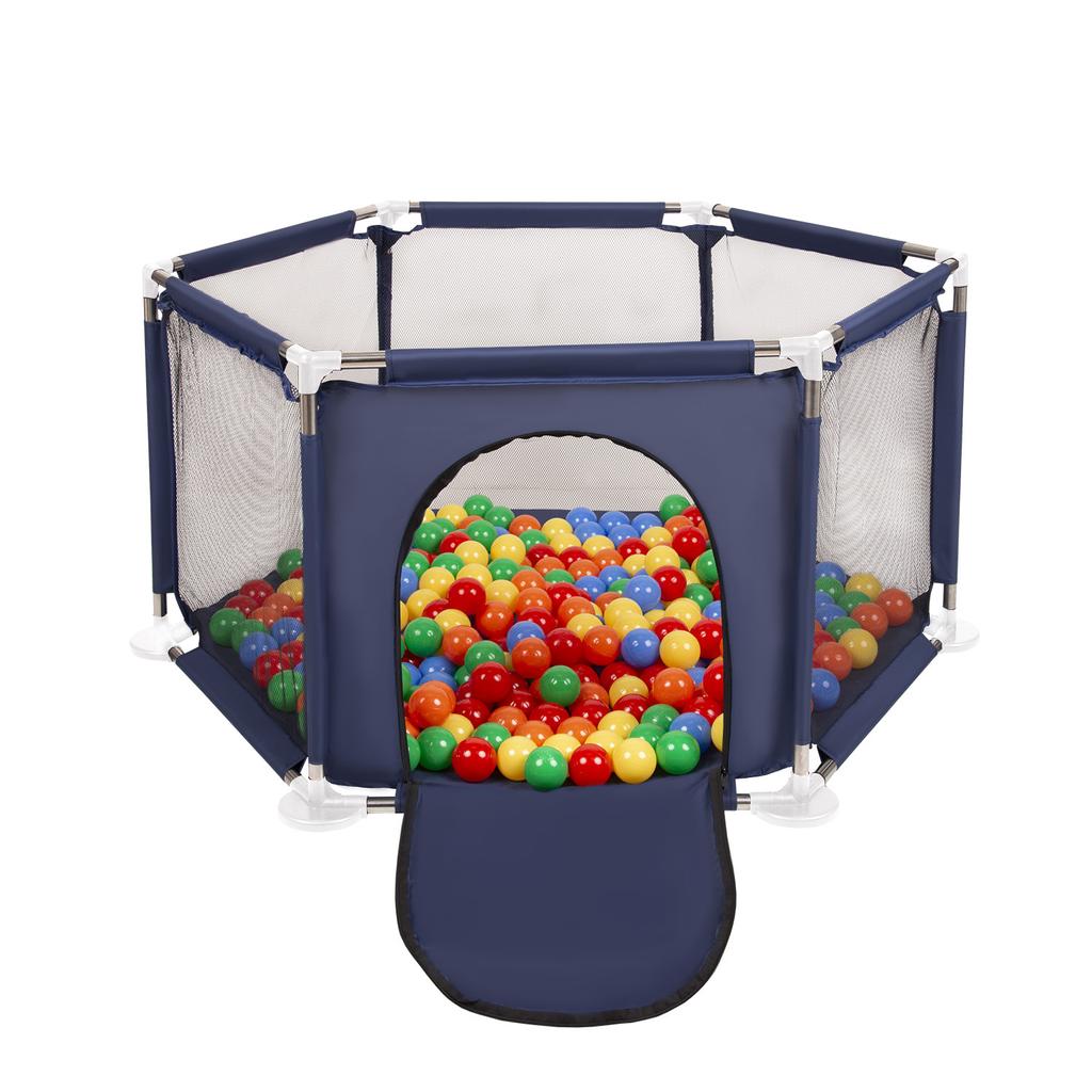 Selonis Hexagon 6 Side Play Pen with 100 Balls, Blue:yellow/green/blue/red/orange