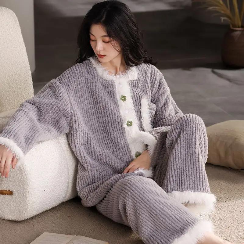 Новый коралловый бархатный осенне-зимний фланелевый термокостюм для дома, зимняя свободная мягкая пижама для женщин, дополнительный флис и более плотный