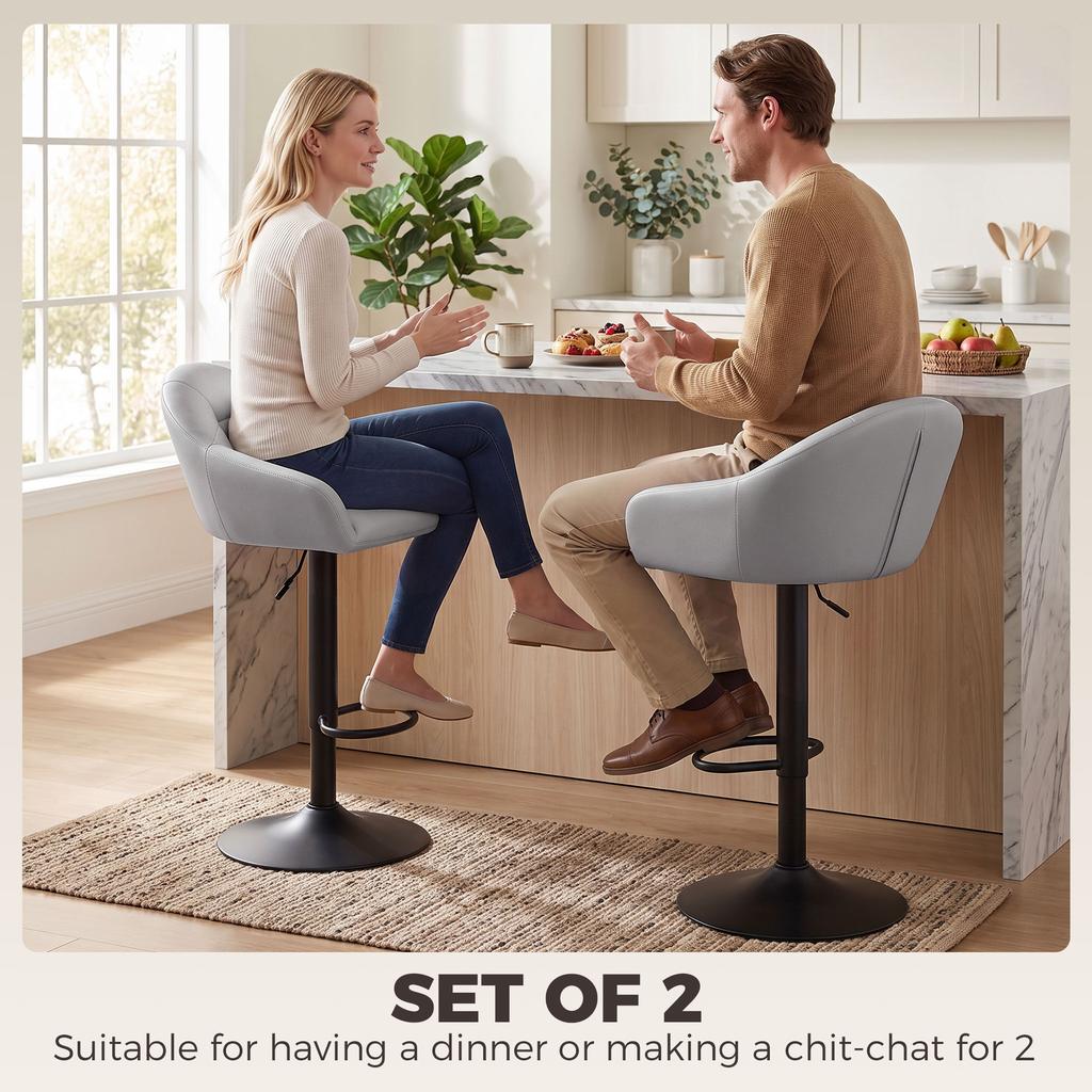 Bar Stools Adjustable Heights Breakfast Bar Stools Backrest Armrests Set of 2 with Rubber Ring Metal Base, Grey