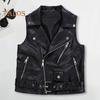 Women Vest Coat Faux Leather Smooth Surface Belt Decor Turn-down Collar Zip-up Sleeveless Zipper Pockets Retro Motorcycle Waistcoat Commuting Travel