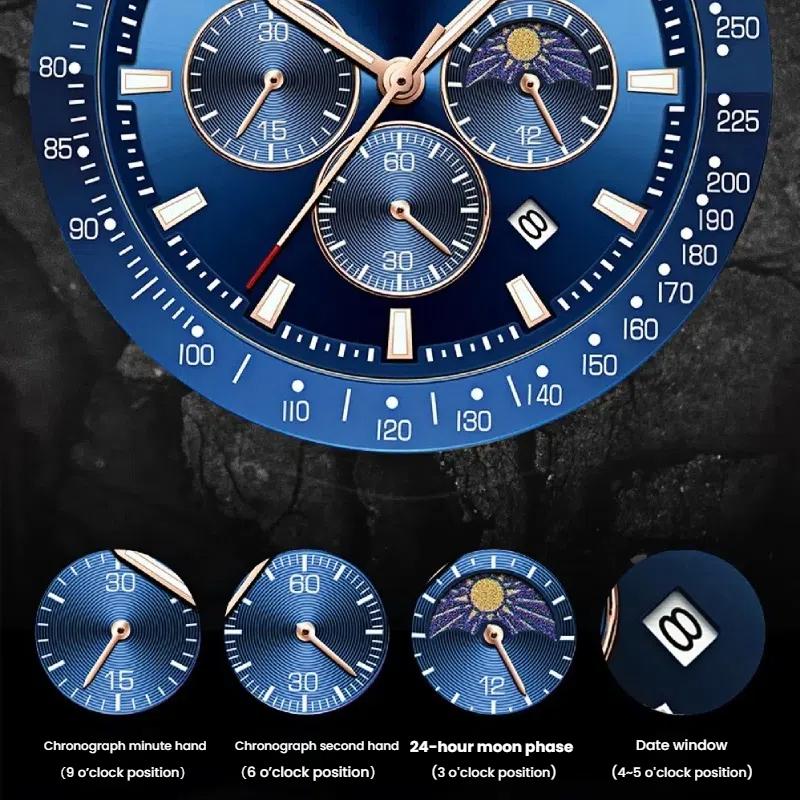 Новые мужские кварцевые часы с тремя очками, шестью иглами, водонепроницаемые, светящиеся спортивные часы с календарем