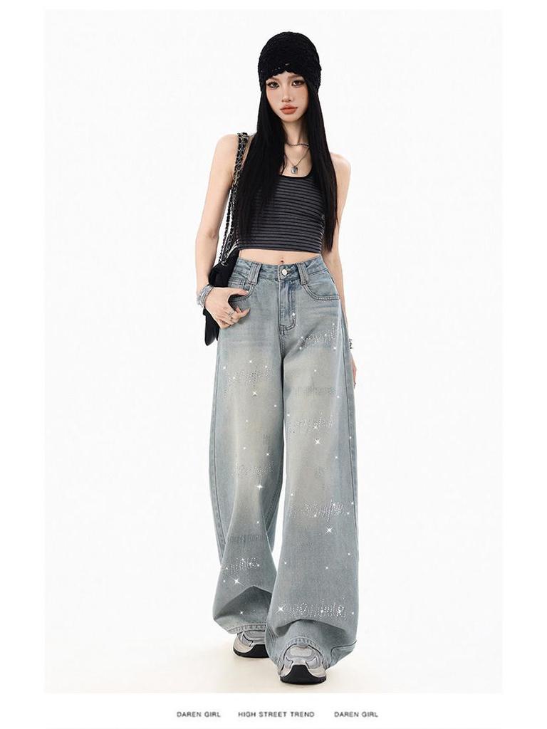Women's Rhinestone Star Wide Leg Jeans - 2026 Spring/Autumn, Loose & Flattering Floor-Length Pants