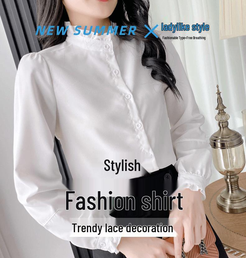 Женская рубашка с французским воротником-стойкой и оборками, с длинными рукавами, 2024