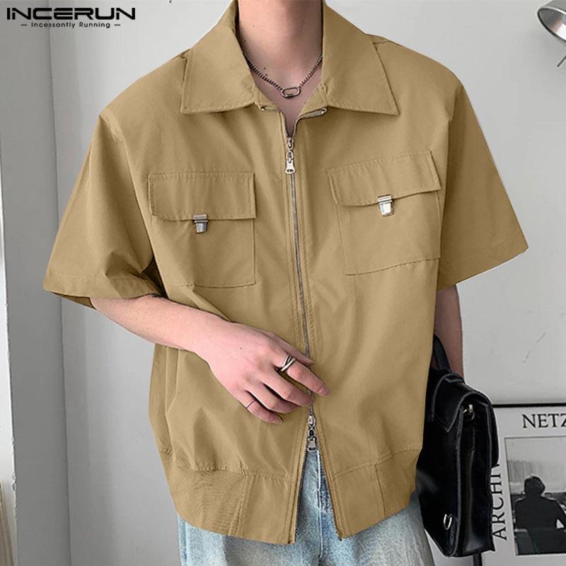 INCERUN Мужские повседневные рубашки-карго с воротником-лацканами и коротким рукавом на молнии