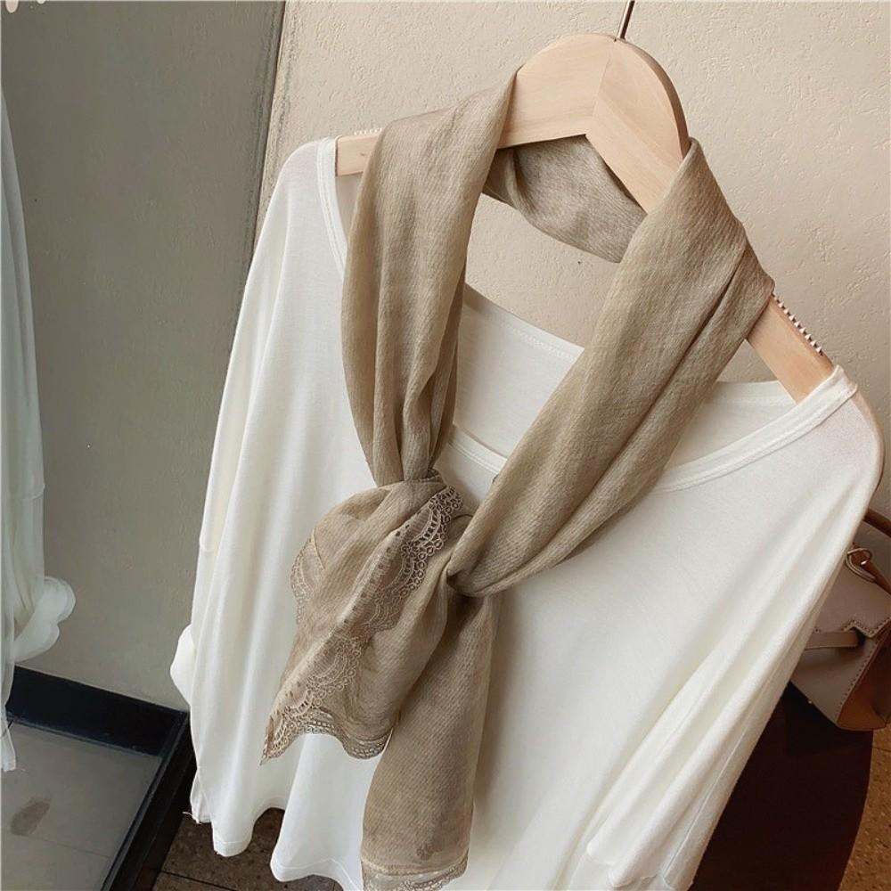 Solid Color Cotton Linen Scarf Lace Edge Silk Scarf Literary Flaxen Lace Scarf  for Women
