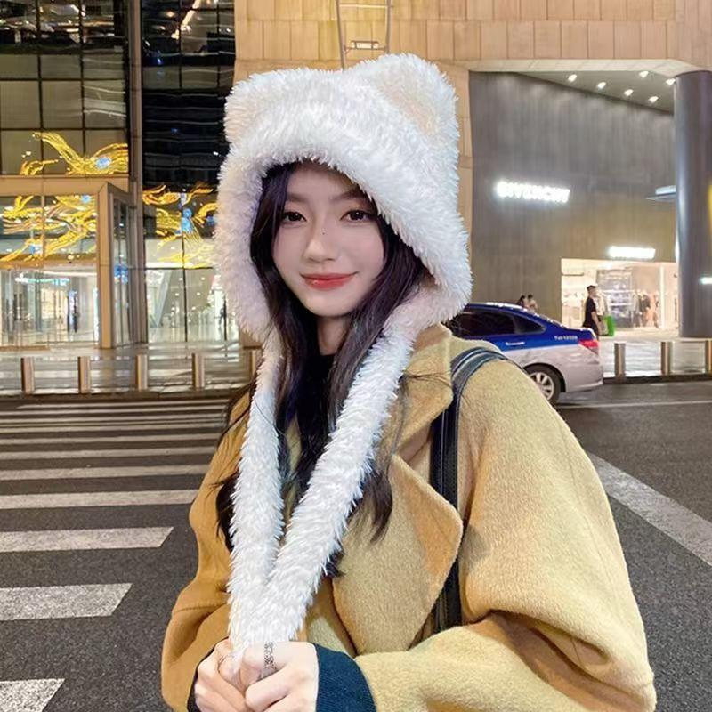 Новая зимняя шапка корейской версии, симпатичная, утолщенная, пушистая, с медвежьими ушками, защитная шапка с кошачьими ушками, теплая, со шнуровкой, термошапка