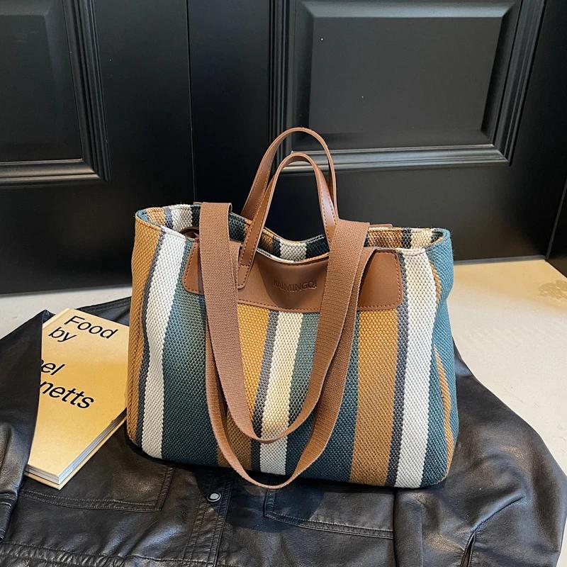 High-capacity Feminine Striped Canvas Bag New Pattern Fashionable Color Collision Travel Bag Versatile
