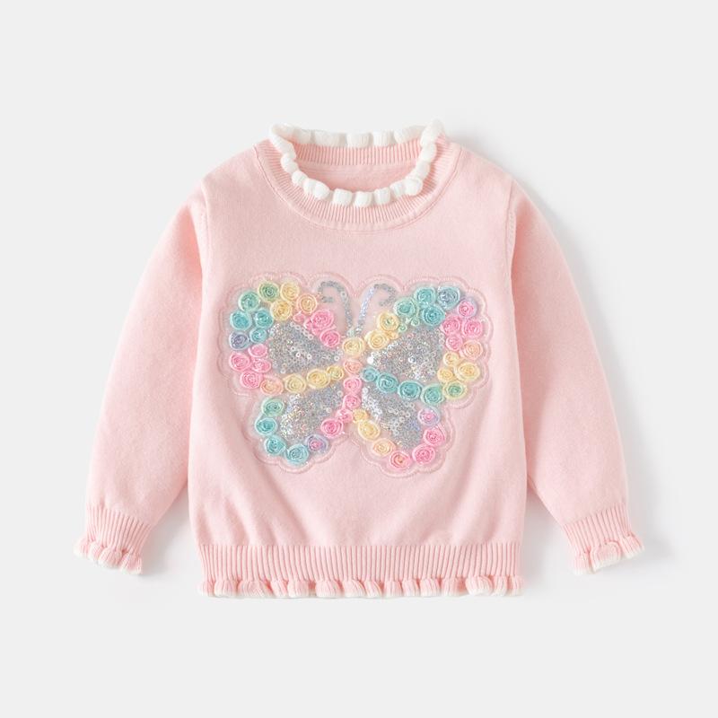 Autumn New Children's Clothing Girls Sequined Butterfly Knitted Top Baby Single-layer Cotton Thread Lace Sleeve Sweater Tide