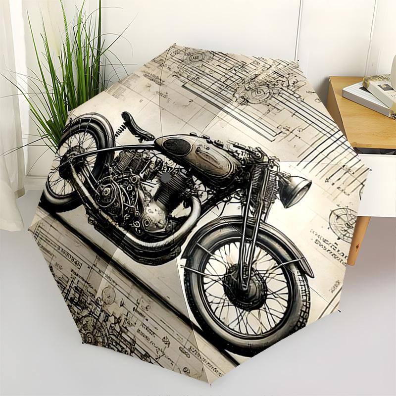 Motorcycle Blueprint Themed Automatic Opening and Closing Umbrella, Brightly Colored 8-rib Portable Umbrella, Suitable for Men and Women, A